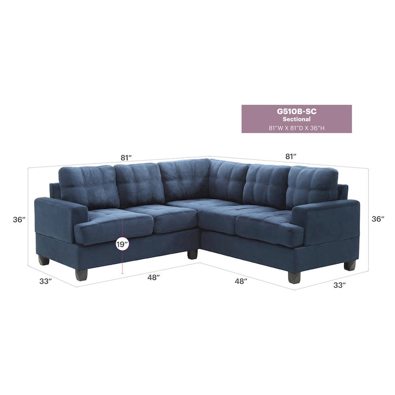 80" W 2-Piece Microfiber L-Shape Sectional Sofa, Navy Blue - 80L x 80W x 36H