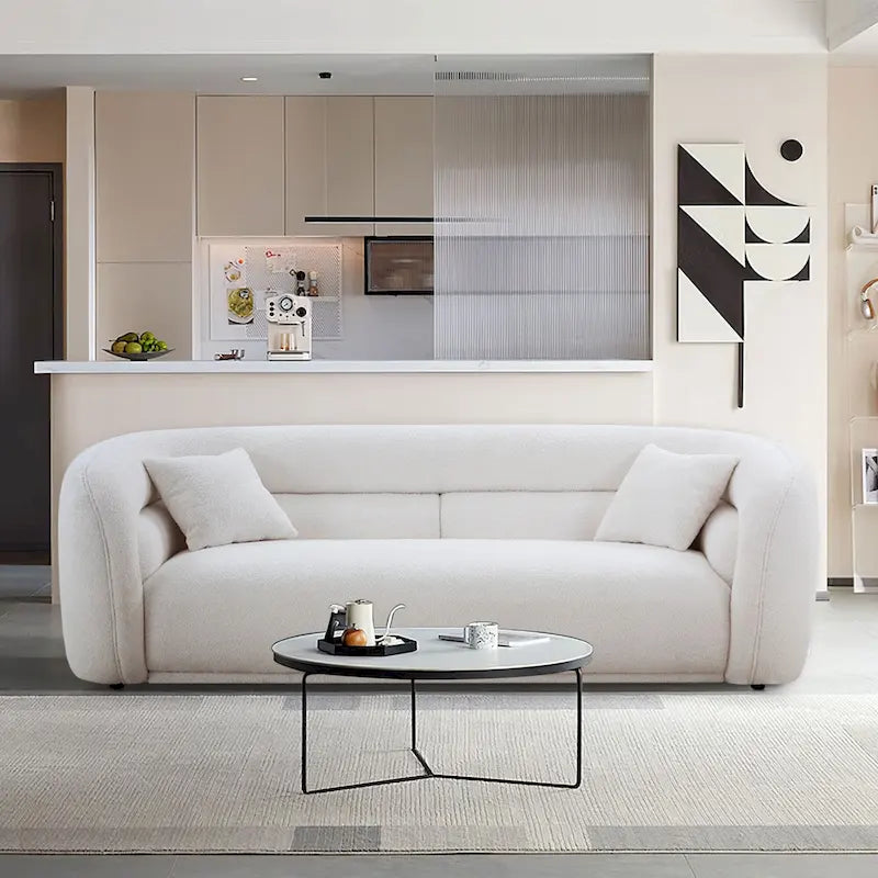 Modern 91" Upholstered Curved Sofa with 2 Accent Pillows, Boucle Fabric
