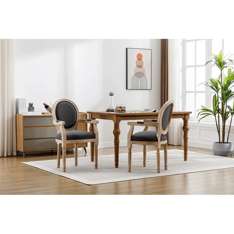 French Country Dining Chair, King Louis Back Linen Upholstered Armchair, Set of 2