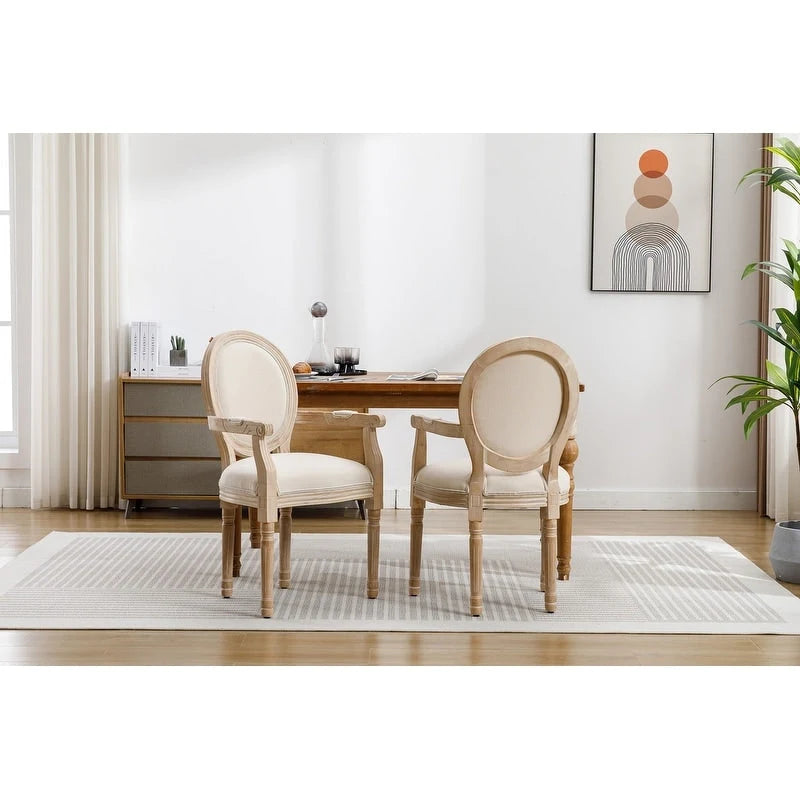 French Country Dining Chair, King Louis Back Linen Upholstered Armchair, Set of 2