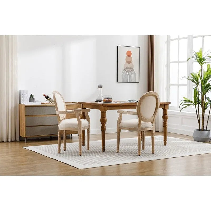 French Country Dining Chair, King Louis Back Linen Upholstered Armchair, Set of 2