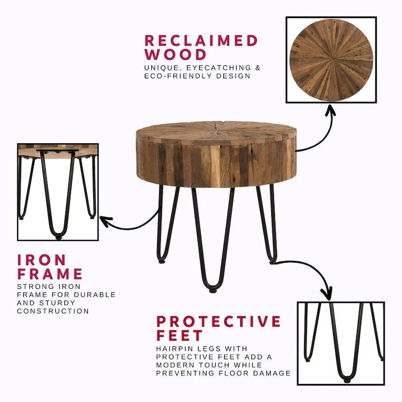 22" Round Reclaimed Wood Accent End Table with Black Hairpin Metal Legs