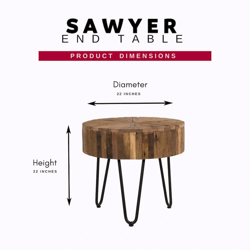 22" Round Reclaimed Wood Accent End Table with Black Hairpin Metal Legs