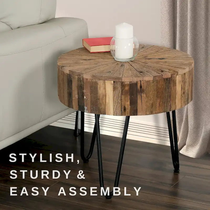 22" Round Reclaimed Wood Accent End Table with Black Hairpin Metal Legs