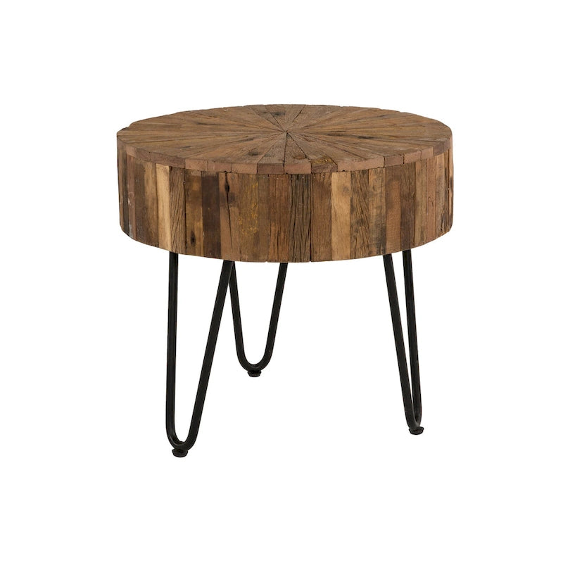 22" Round Reclaimed Wood Accent End Table with Black Hairpin Metal Legs
