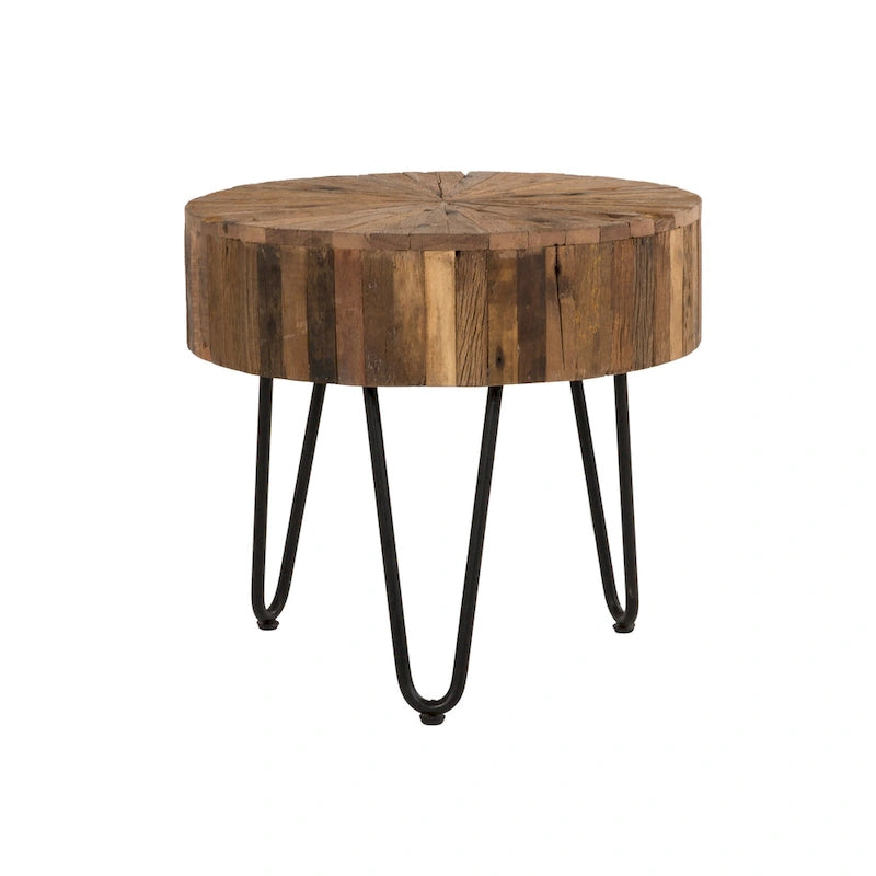 22" Round Reclaimed Wood Accent End Table with Black Hairpin Metal Legs