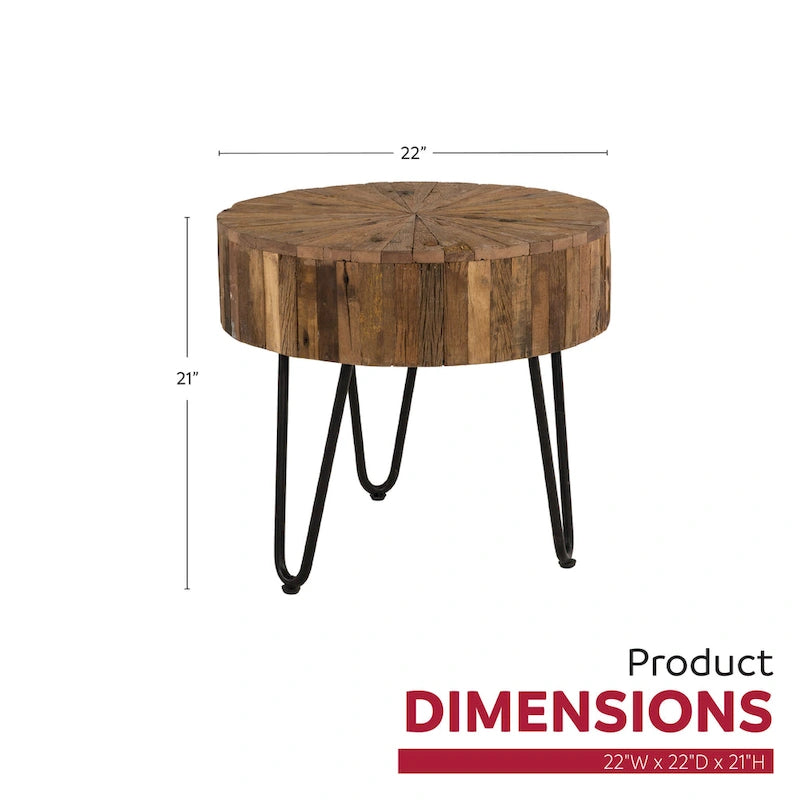 22" Round Reclaimed Wood Accent End Table with Black Hairpin Metal Legs