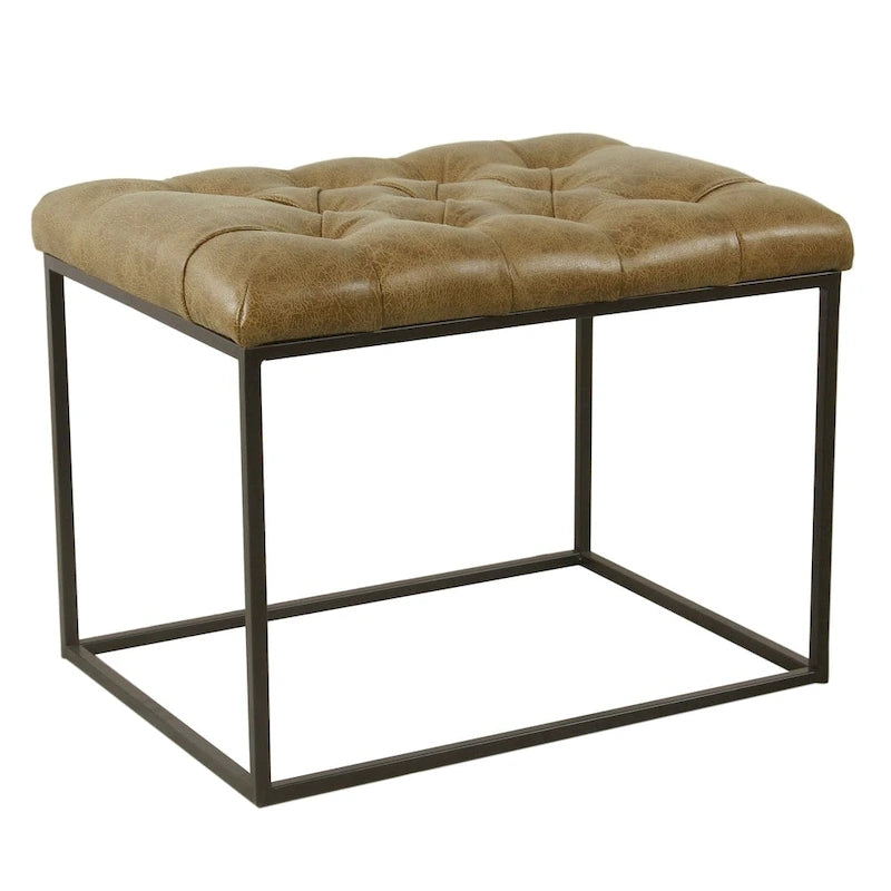 Decorative Button-Tufted Ottoman with Metal Legs, Distressed Brown Faux Leather