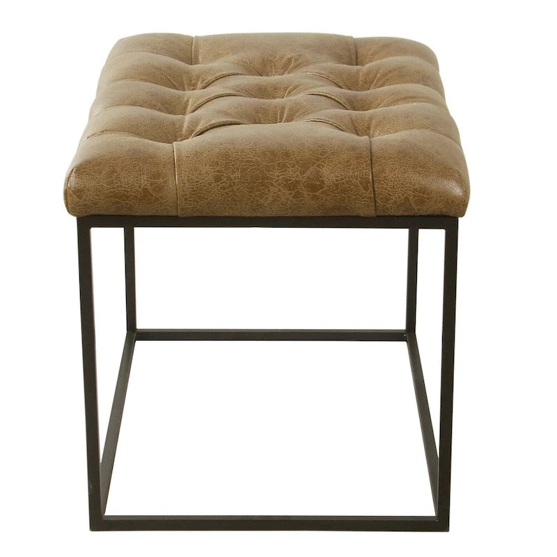 Decorative Button-Tufted Ottoman with Metal Legs, Distressed Brown Faux Leather