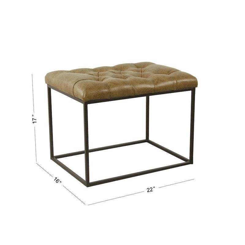 Decorative Button-Tufted Ottoman with Metal Legs, Distressed Brown Faux Leather