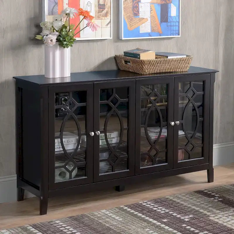 Wood Accent Sideboard Buffet Serving Storage Cabinet with 4 Framed Glass Doors, Adjustable Shelves - 54W x 15.5D x 32H