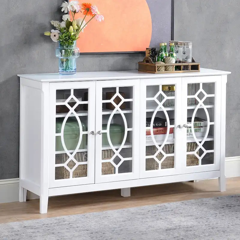 Wood Accent Sideboard Buffet Serving Storage Cabinet with 4 Framed Glass Doors, Adjustable Shelves - 54W x 15.5D x 32H