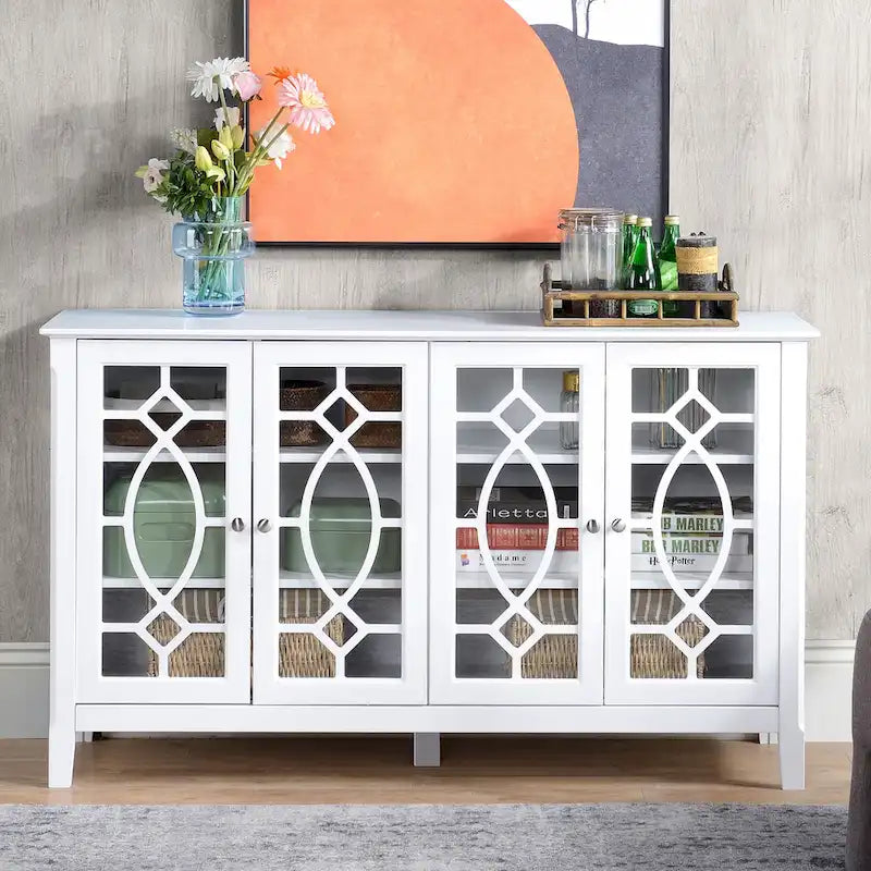 Wood Accent Sideboard Buffet Serving Storage Cabinet with 4 Framed Glass Doors, Adjustable Shelves - 54W x 15.5D x 32H