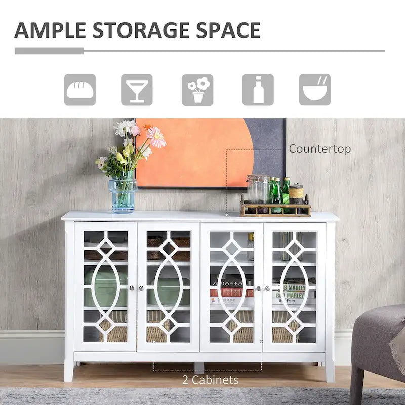 Wood Accent Sideboard Buffet Serving Storage Cabinet with 4 Framed Glass Doors, Adjustable Shelves - 54W x 15.5D x 32H