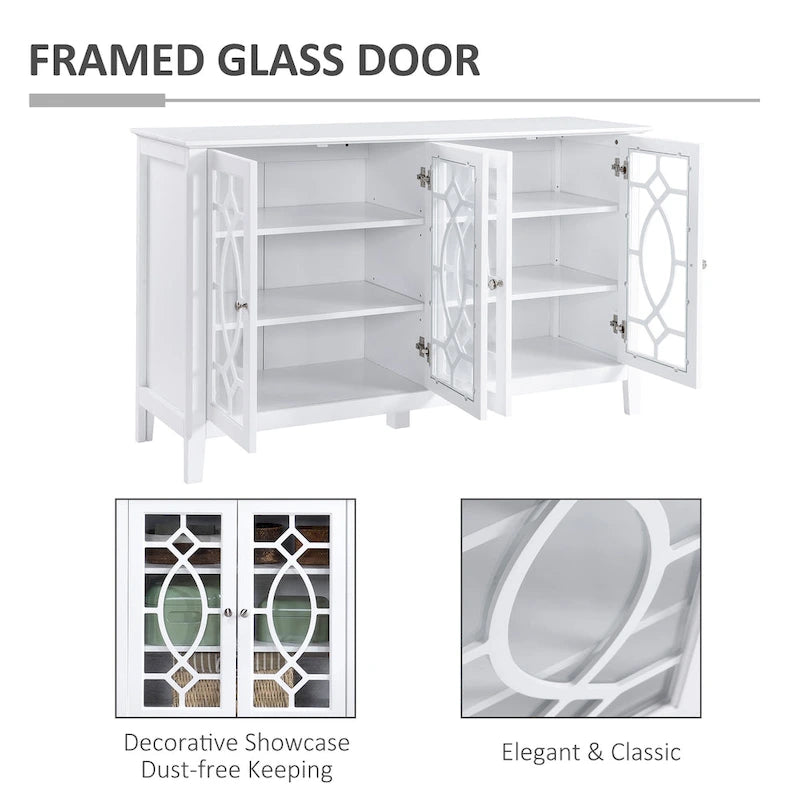 Wood Accent Sideboard Buffet Serving Storage Cabinet with 4 Framed Glass Doors, Adjustable Shelves - 54W x 15.5D x 32H