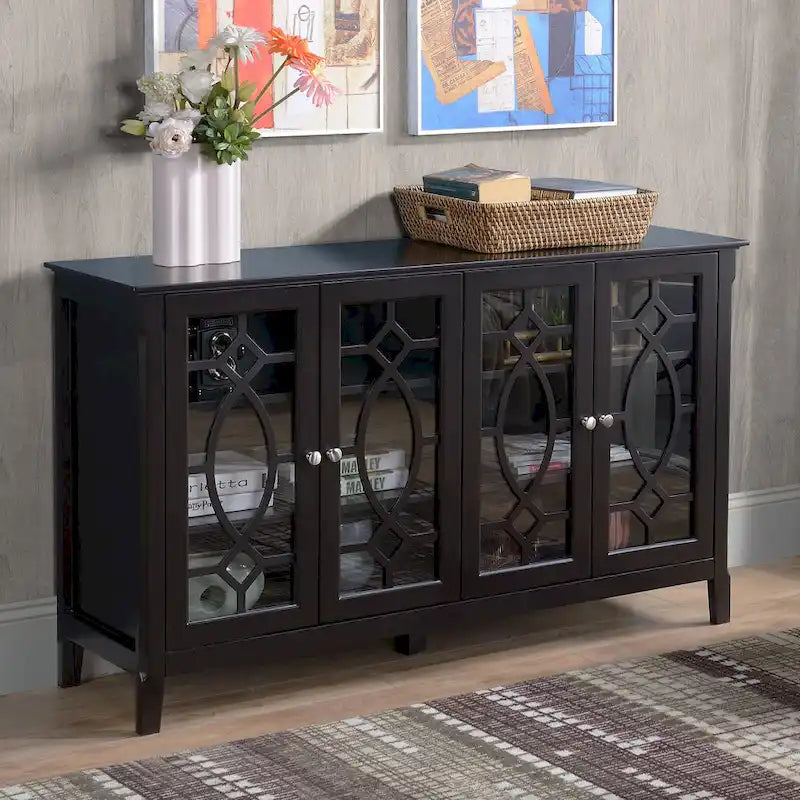 Wood Accent Sideboard Buffet Serving Storage Cabinet with 4 Framed Glass Doors, Adjustable Shelves - 54W x 15.5D x 32H