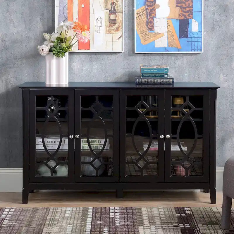 Wood Accent Sideboard Buffet Serving Storage Cabinet with 4 Framed Glass Doors, Adjustable Shelves - 54W x 15.5D x 32H