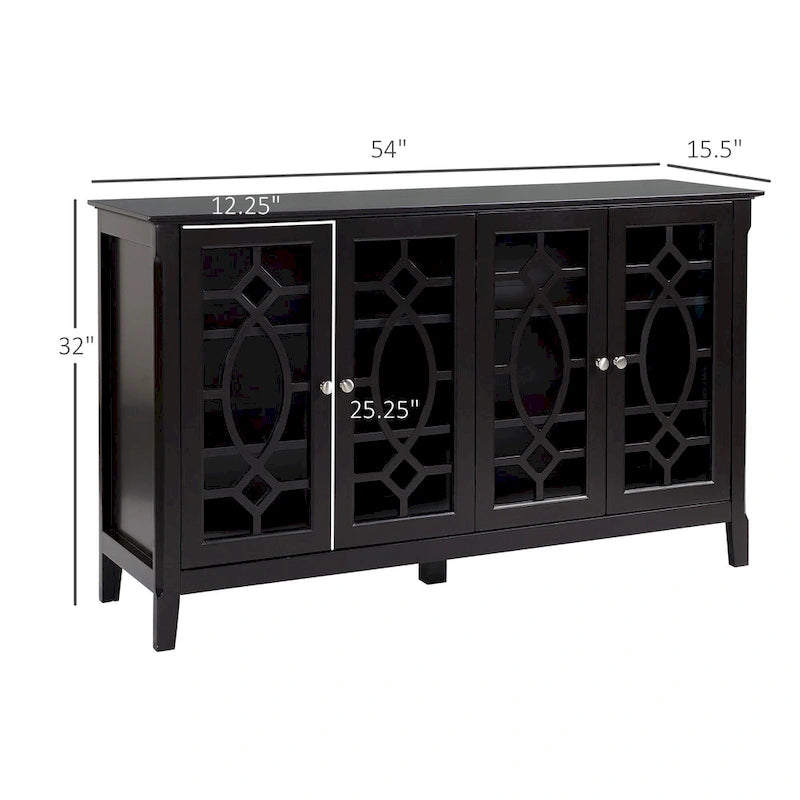 Wood Accent Sideboard Buffet Serving Storage Cabinet with 4 Framed Glass Doors, Adjustable Shelves - 54W x 15.5D x 32H
