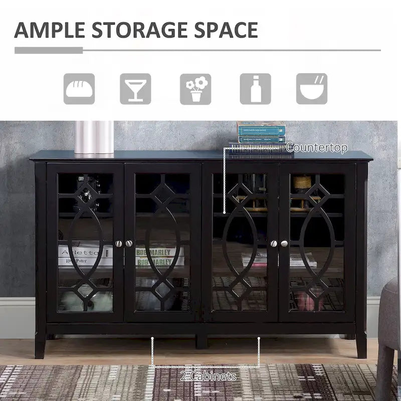 Wood Accent Sideboard Buffet Serving Storage Cabinet with 4 Framed Glass Doors, Adjustable Shelves - 54W x 15.5D x 32H
