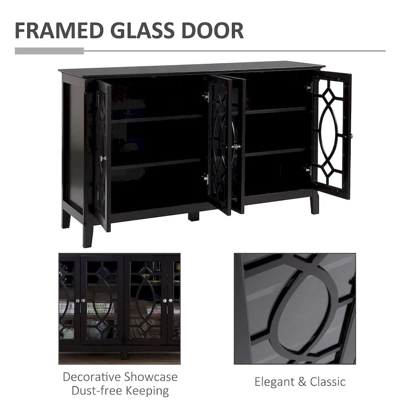 Wood Accent Sideboard Buffet Serving Storage Cabinet with 4 Framed Glass Doors, Adjustable Shelves - 54W x 15.5D x 32H