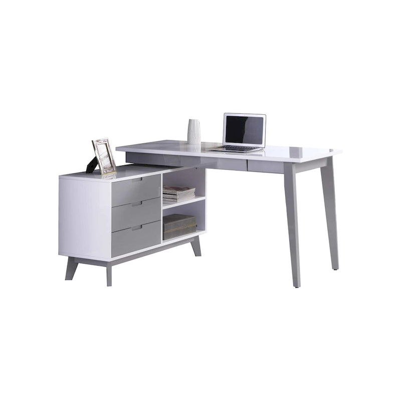 Modern 2-Tone Rotating Wooden Computer Desk with 4 Drawers, Gloss White & Gray