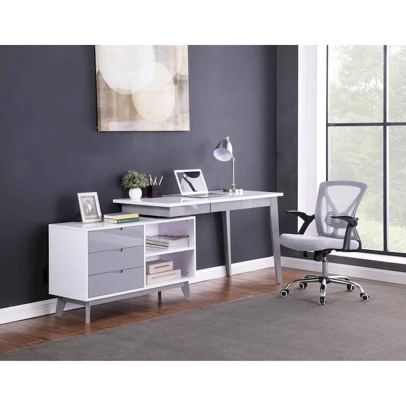Modern 2-Tone Rotating Wooden Computer Desk with 4 Drawers, Gloss White & Gray