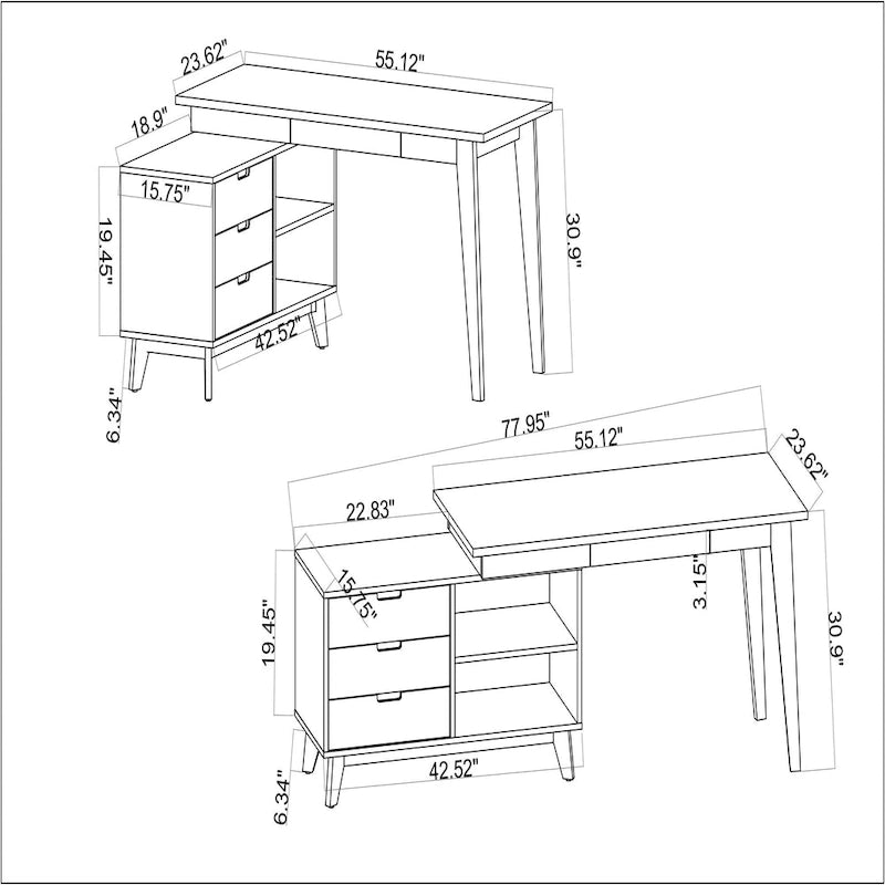 Modern 2-Tone Rotating Wooden Computer Desk with 4 Drawers, Gloss White & Gray