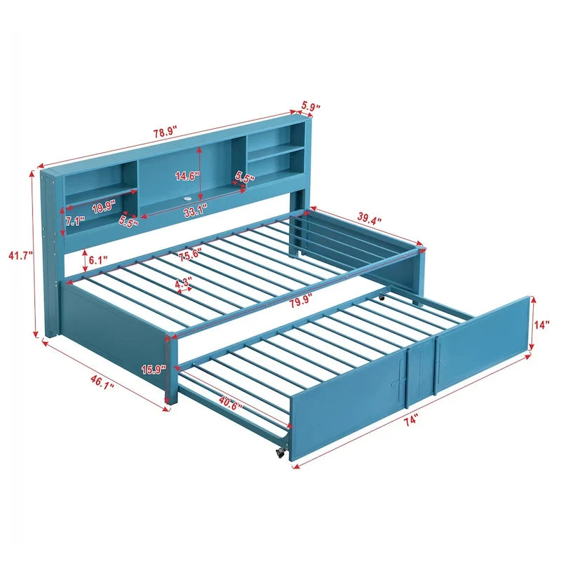 Metal Twin Size Daybed with Twin Size Trundle, Storage Shelves and USB Ports, Black