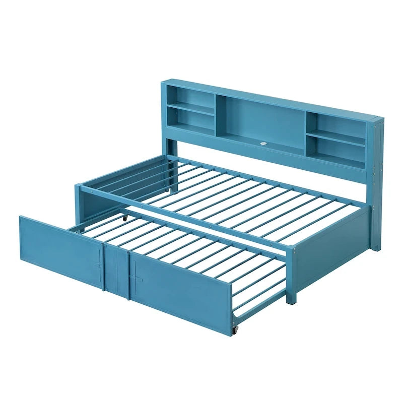 Metal Twin Size Daybed with Twin Size Trundle, Storage Shelves and USB Ports, Black