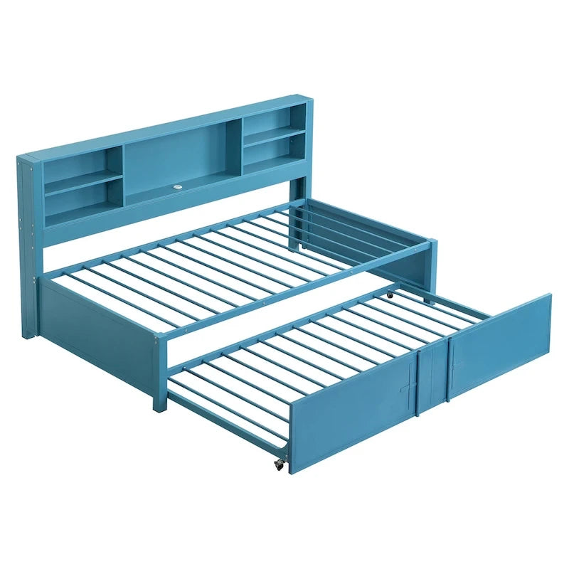 Metal Twin Size Daybed with Twin Size Trundle, Storage Shelves and USB Ports, Black