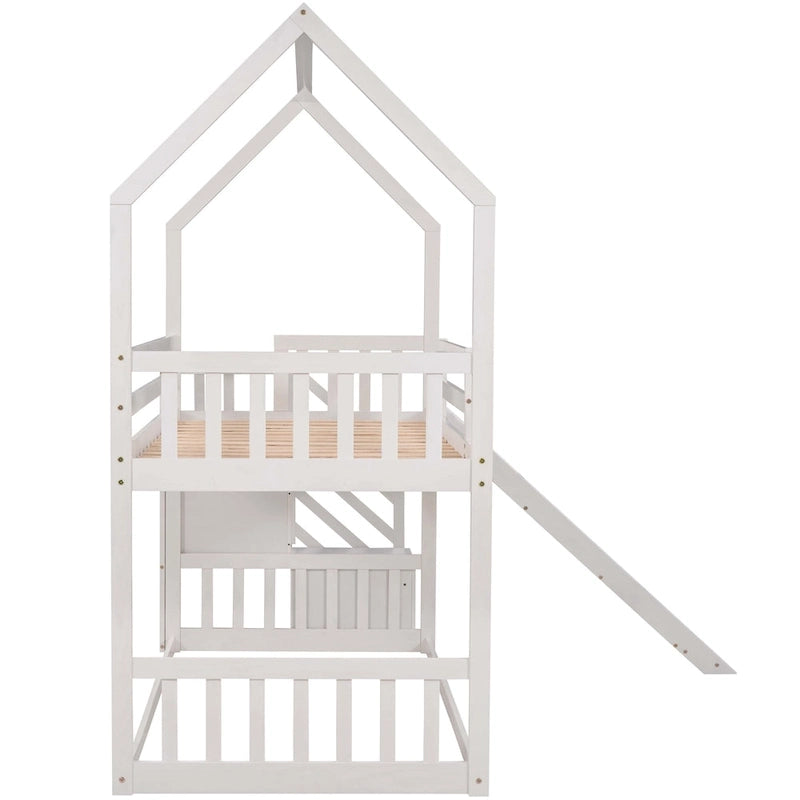 Twin over Twin House Bunk Bed with Convertible Slide,Storage Staircase can be Placed Left or Right,Gray
