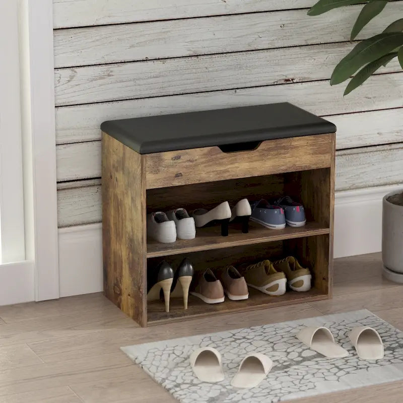 Shoe Storage Bench Rack for 6-Pair, with Hiden Storage uner Cushion - 12W x 24L x 21.2H
