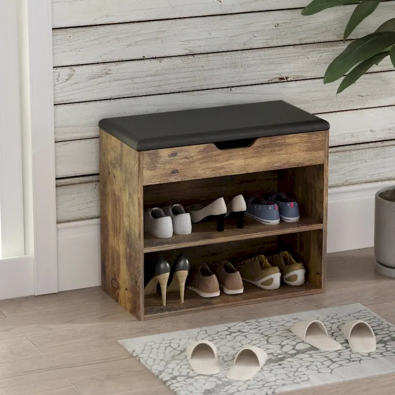 Shoe Storage Bench Rack for 6-Pair, with Hiden Storage uner Cushion - 12W x 24L x 21.2H
