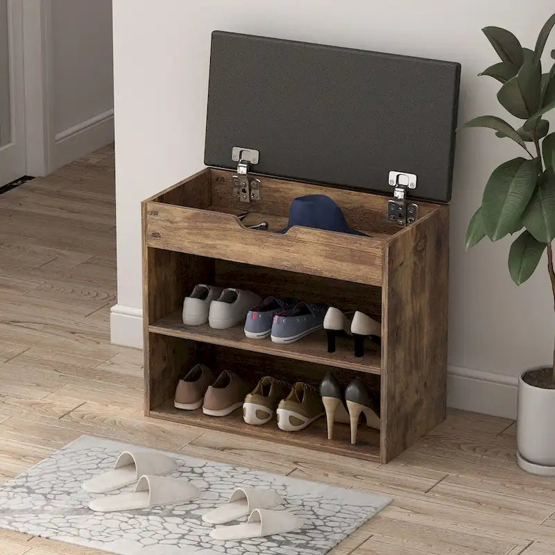 Shoe Storage Bench Rack for 6-Pair, with Hiden Storage uner Cushion - 12W x 24L x 21.2H