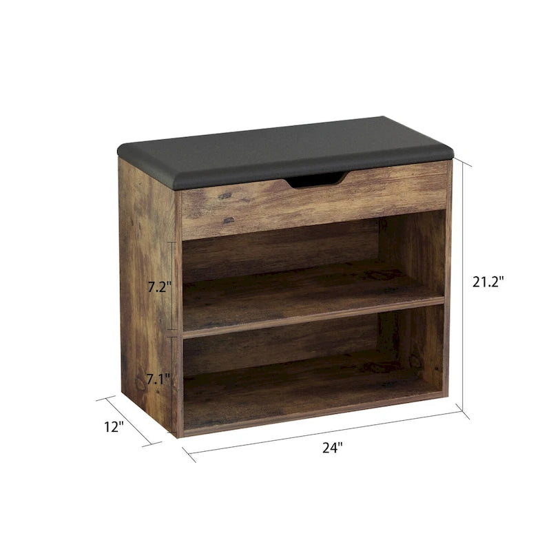 Shoe Storage Bench Rack for 6-Pair, with Hiden Storage uner Cushion - 12W x 24L x 21.2H