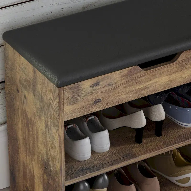 Shoe Storage Bench Rack for 6-Pair, with Hiden Storage uner Cushion - 12W x 24L x 21.2H
