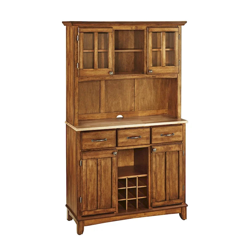 Brown Wood Buffet with Hutch, 3 Drawers, Wine Storage - 44"W x 17"D x 72"H