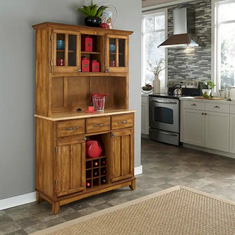 Brown Wood Buffet with Hutch, 3 Drawers, Wine Storage - 44"W x 17"D x 72"H