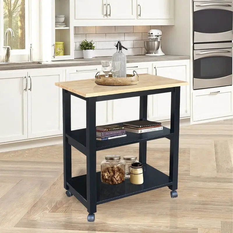 Estelle Solid Wood Microwave Kitchen Cart with 3 Shelves and Casters