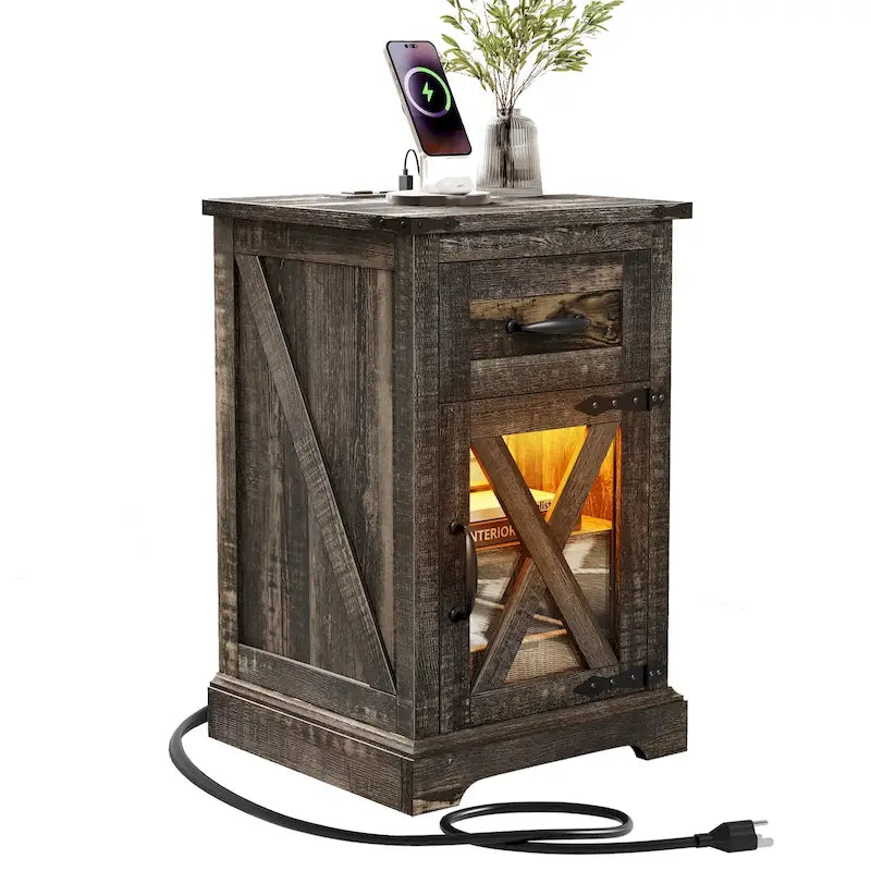LED End Table with Shelf and Drawer, Side Table with Charging Station & Power Outlet