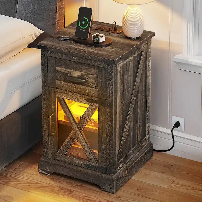 LED End Table with Shelf and Drawer, Side Table with Charging Station & Power Outlet