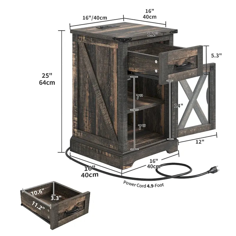 LED End Table with Shelf and Drawer, Side Table with Charging Station & Power Outlet