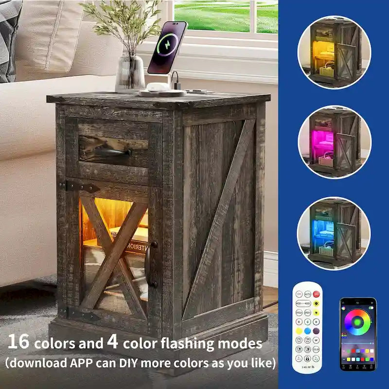 LED End Table with Shelf and Drawer, Side Table with Charging Station & Power Outlet