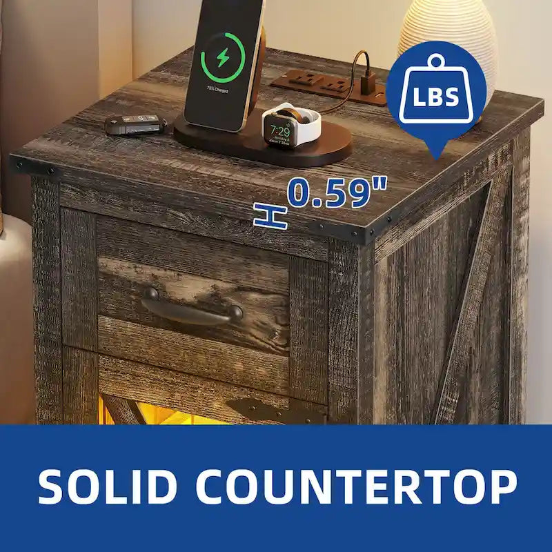 LED End Table with Shelf and Drawer, Side Table with Charging Station & Power Outlet