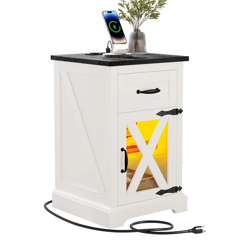 LED End Table with Shelf and Drawer, Side Table with Charging Station & Power Outlet