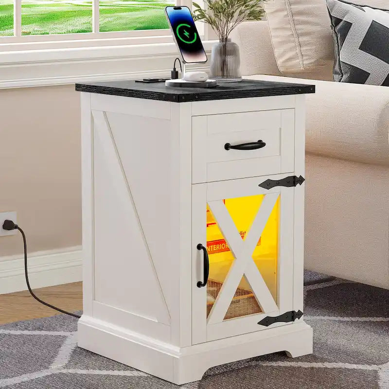 LED End Table with Shelf and Drawer, Side Table with Charging Station & Power Outlet