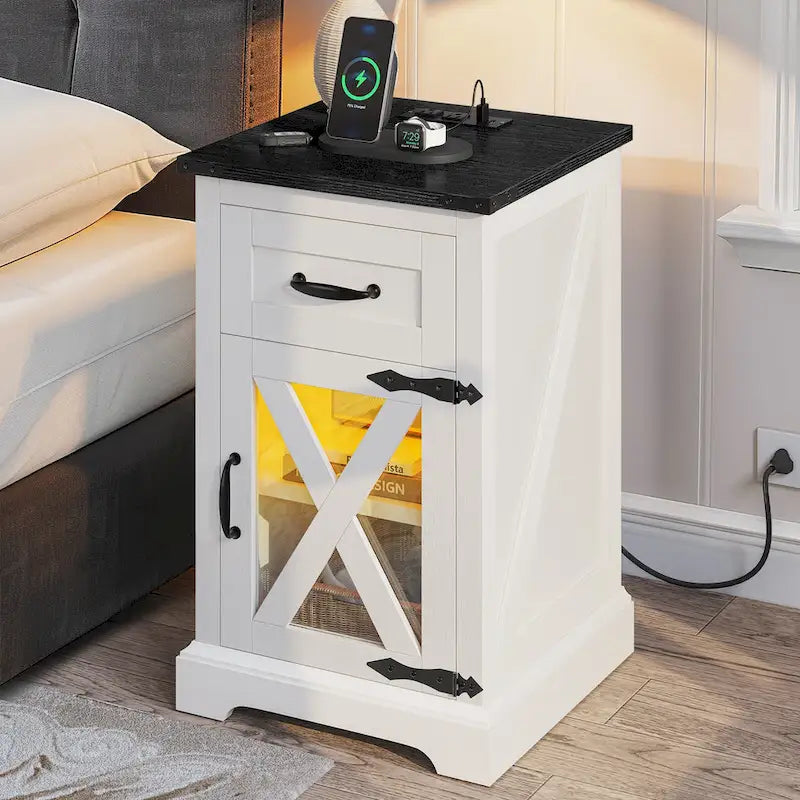 LED End Table with Shelf and Drawer, Side Table with Charging Station & Power Outlet