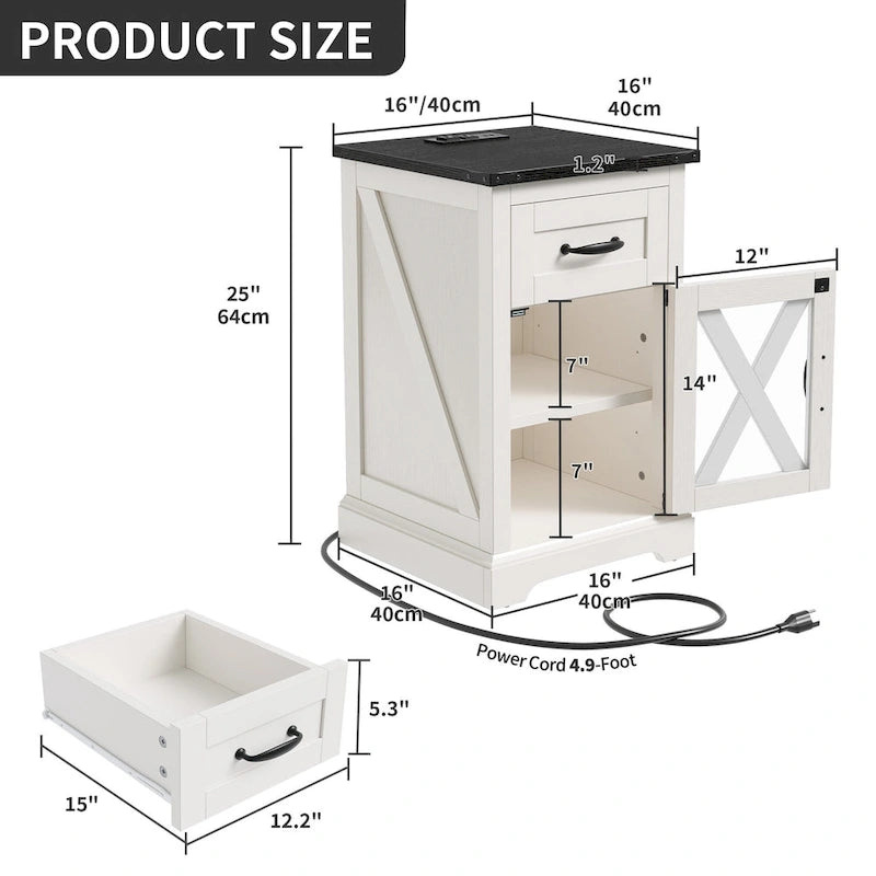 LED End Table with Shelf and Drawer, Side Table with Charging Station & Power Outlet