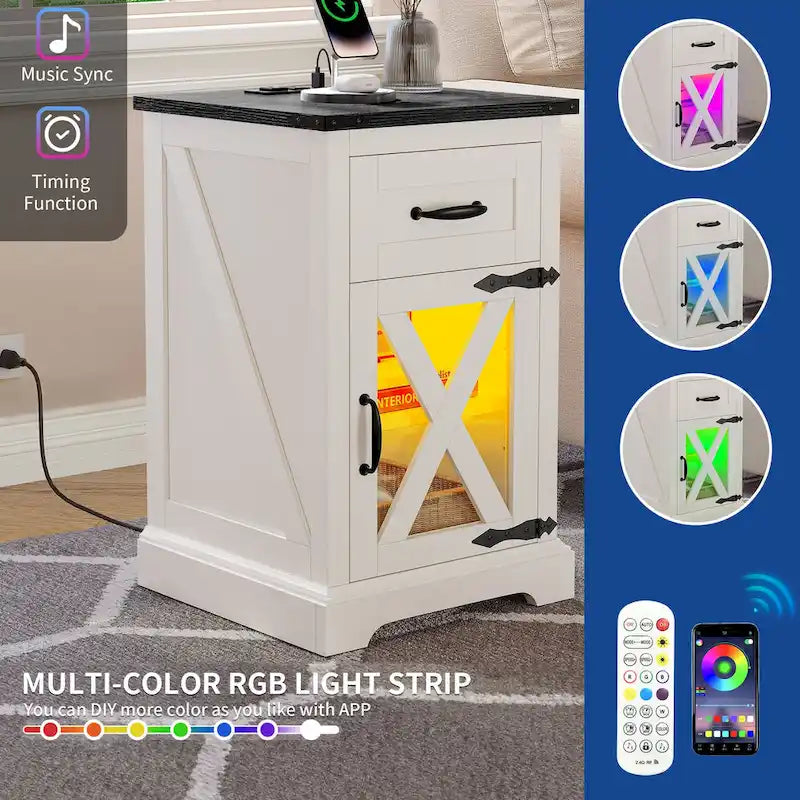 LED End Table with Shelf and Drawer, Side Table with Charging Station & Power Outlet