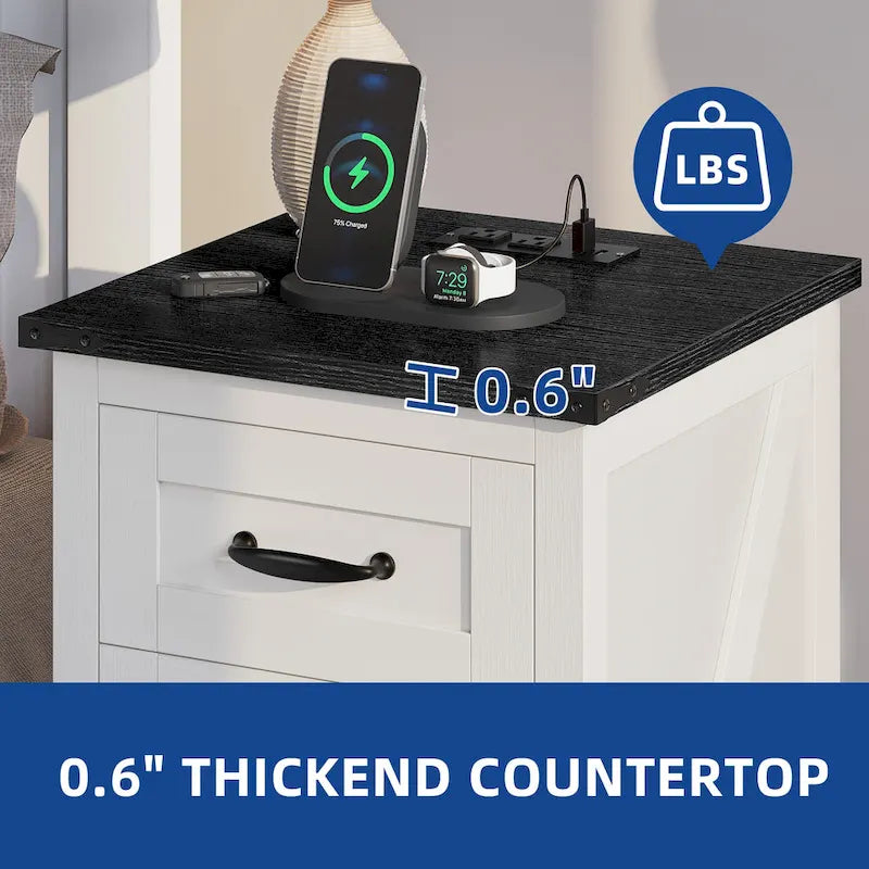 LED End Table with Shelf and Drawer, Side Table with Charging Station & Power Outlet